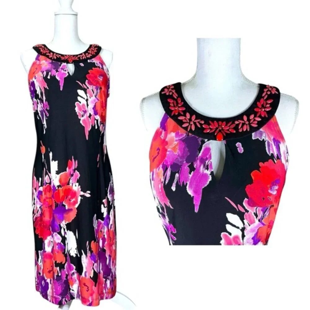 Sandra Darren Dress Beaded Keyhole Watercolor Floral Slip On Black Pink Size 12 - Picture 1 of 16
